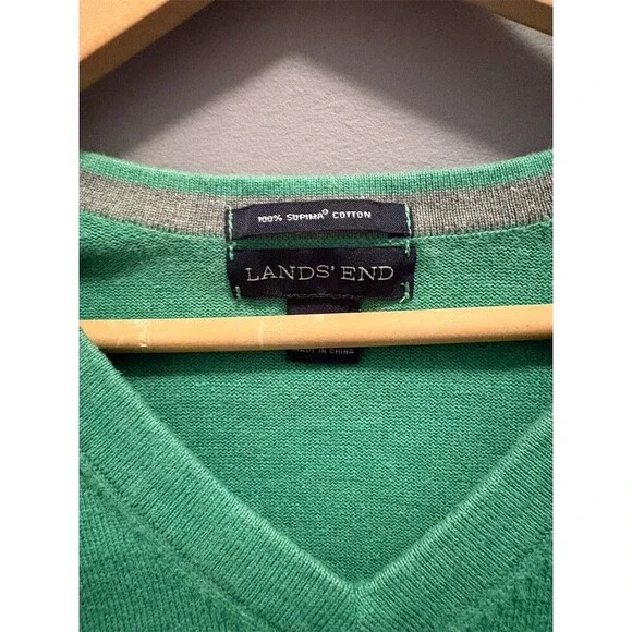 Lands’ End Sweater Mens Size L Green V-Neck Pullover Long Sleeve Knit - Picture 5 of 9